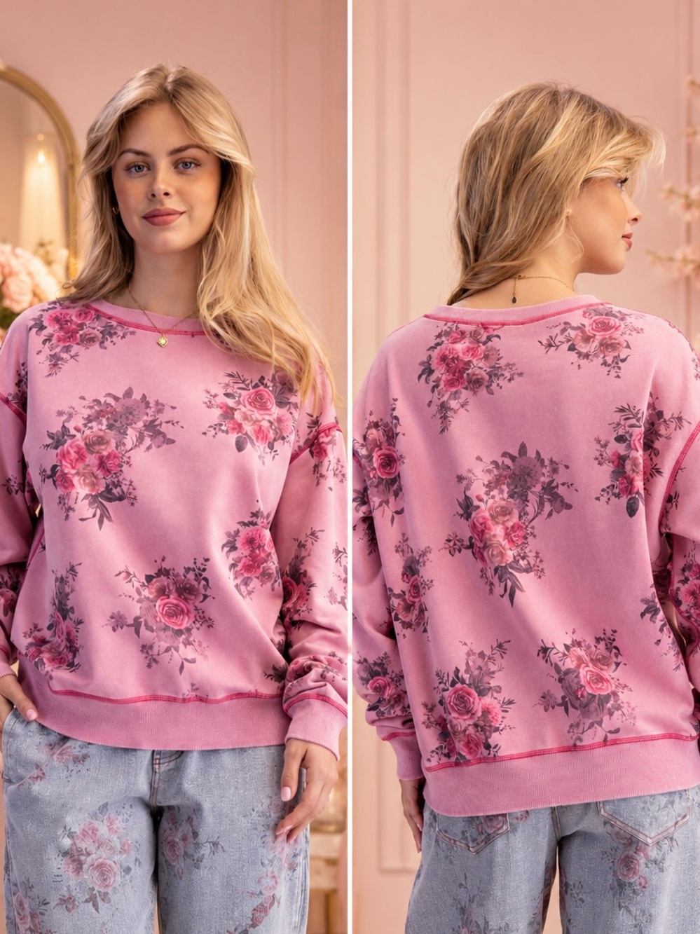 easel Pink Floral Pullover Sweatshirt